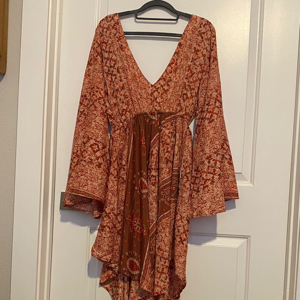Boho Rust Paisley V-Neck Bell Sleeve Midi high/low Dress